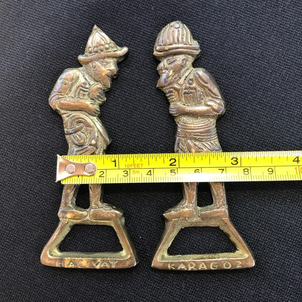 Two Vintage Karagoz & Hacivat Figures Brass Bottle Openers - Barware - Turkey